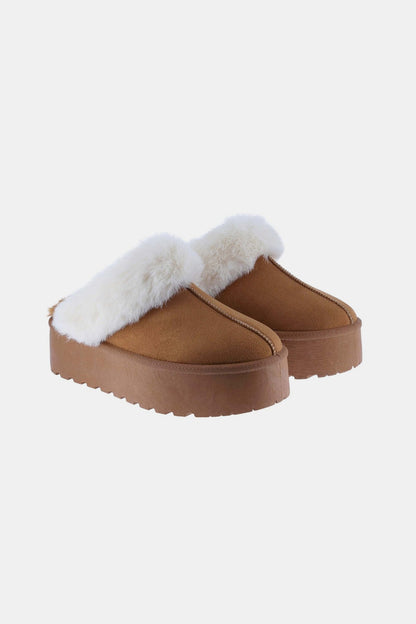 Fur Trim Platform Slippers - Brown