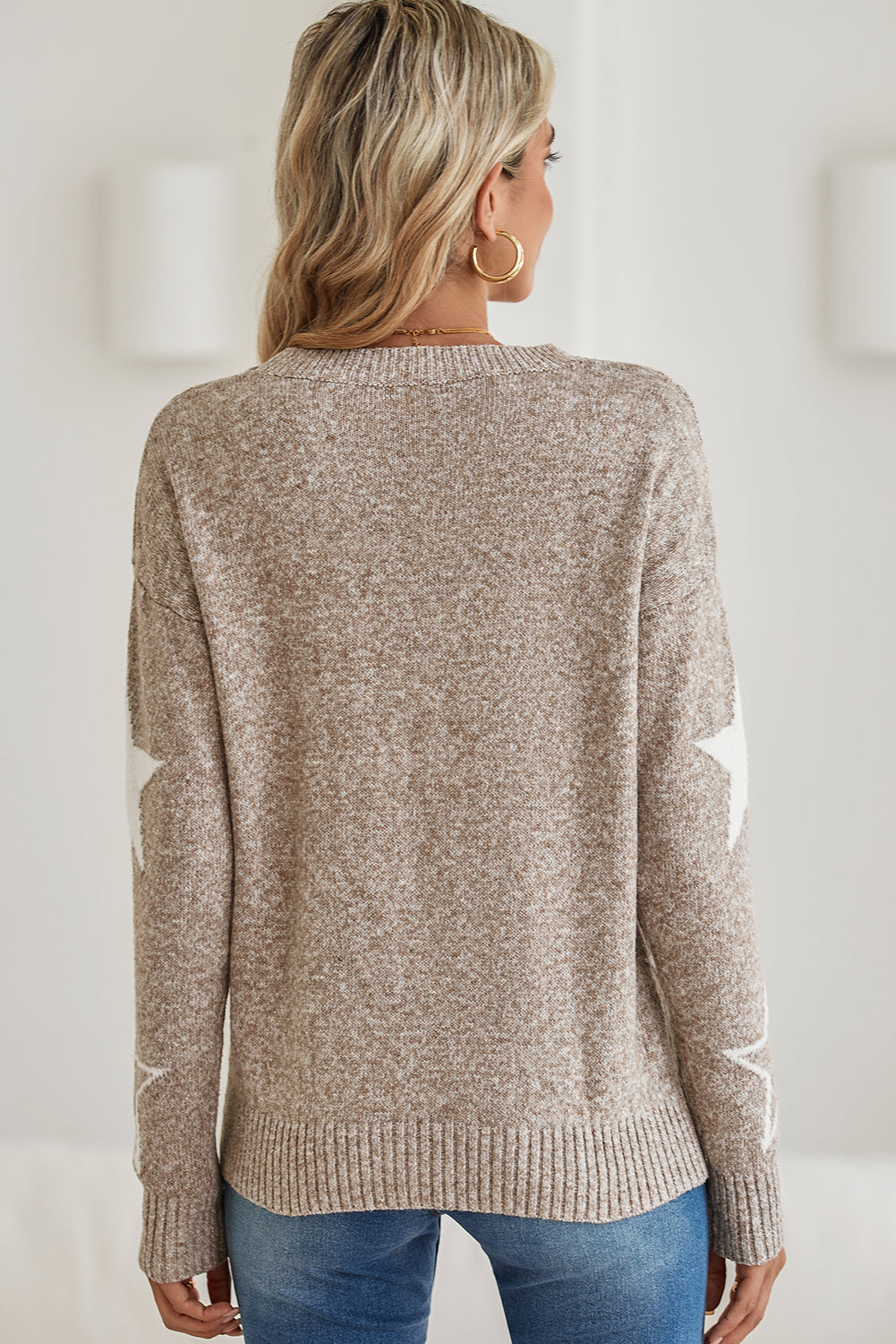 Khaki Star Pattern Drop Shoulder Knit Sweater