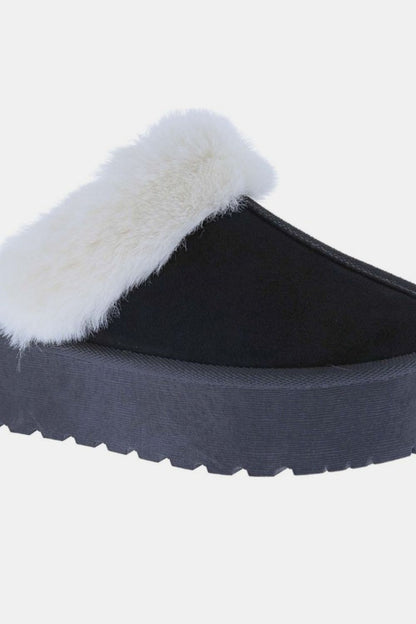 Fur Trim Platform Slippers - Black