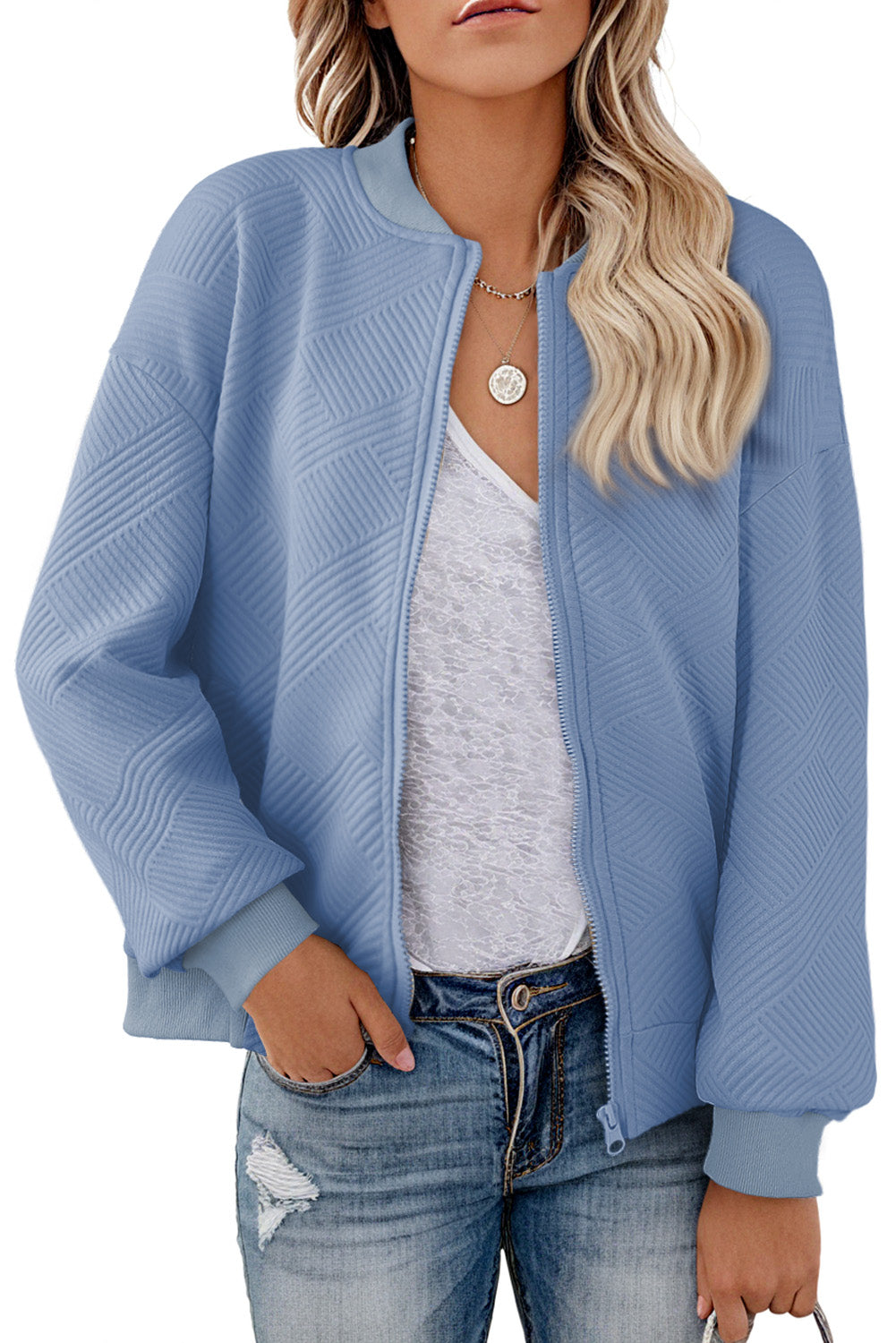 Myosotis Plain Textured Zip Up Bomber Jacket