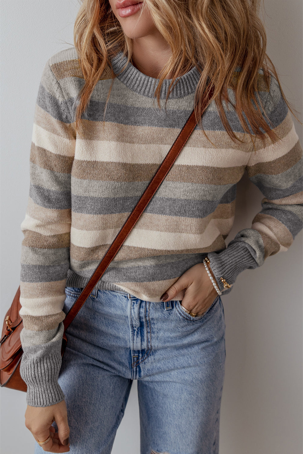 Gray Striped Ribbed Edge Round Neck Sweater