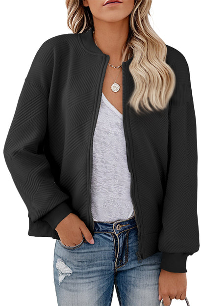 Myosotis Plain Textured Zip Up Bomber Jacket