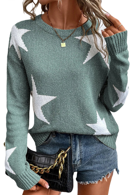 Khaki Star Pattern Drop Shoulder Knit Sweater