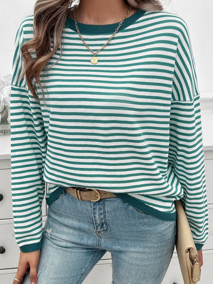 Devine Striped Round Neck Dropped Shoulder Sweater