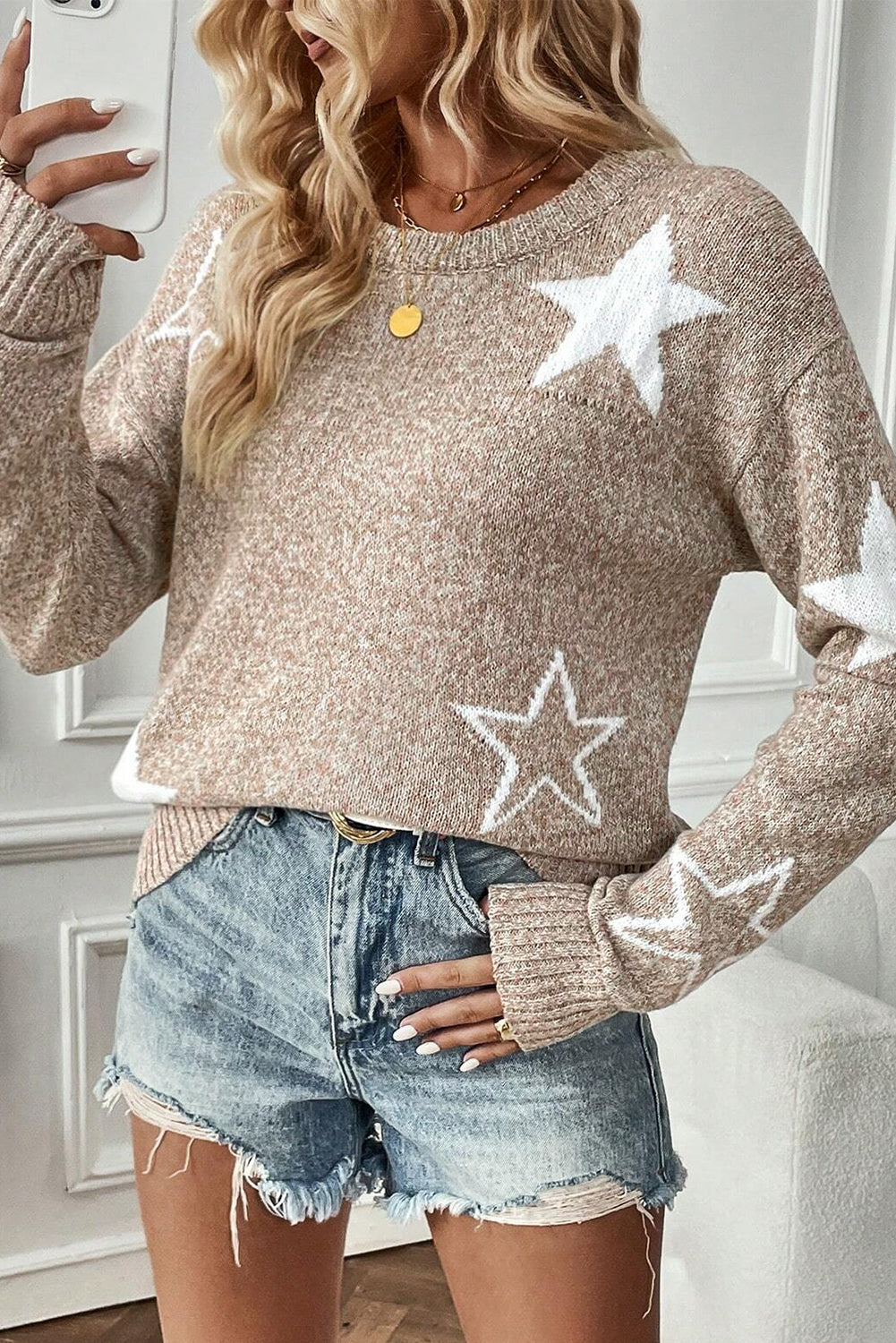 Khaki Star Pattern Drop Shoulder Knit Sweater