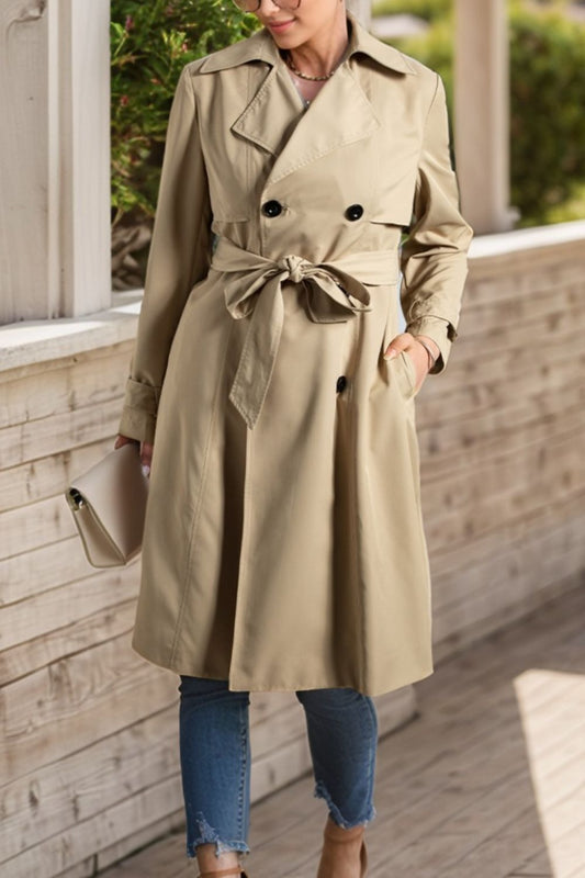 Double Breasted Knee Length Trench Coat with Tie Waist