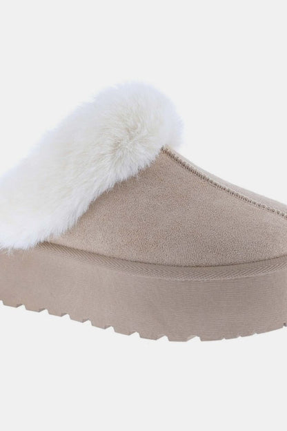 Fur Trim Platform Slippers - Tan