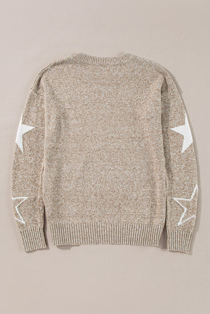 Khaki Star Pattern Drop Shoulder Knit Sweater