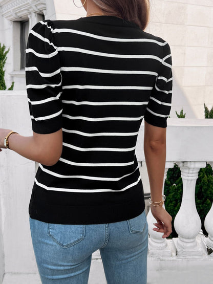 Devine Striped Round Neck Puff Sleeve Knit Top