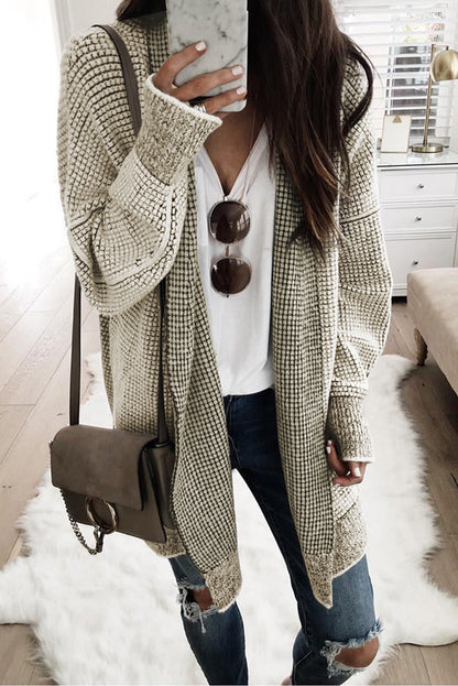 Rose Plaid Contrast Trim Casual Knit Long Cardigan