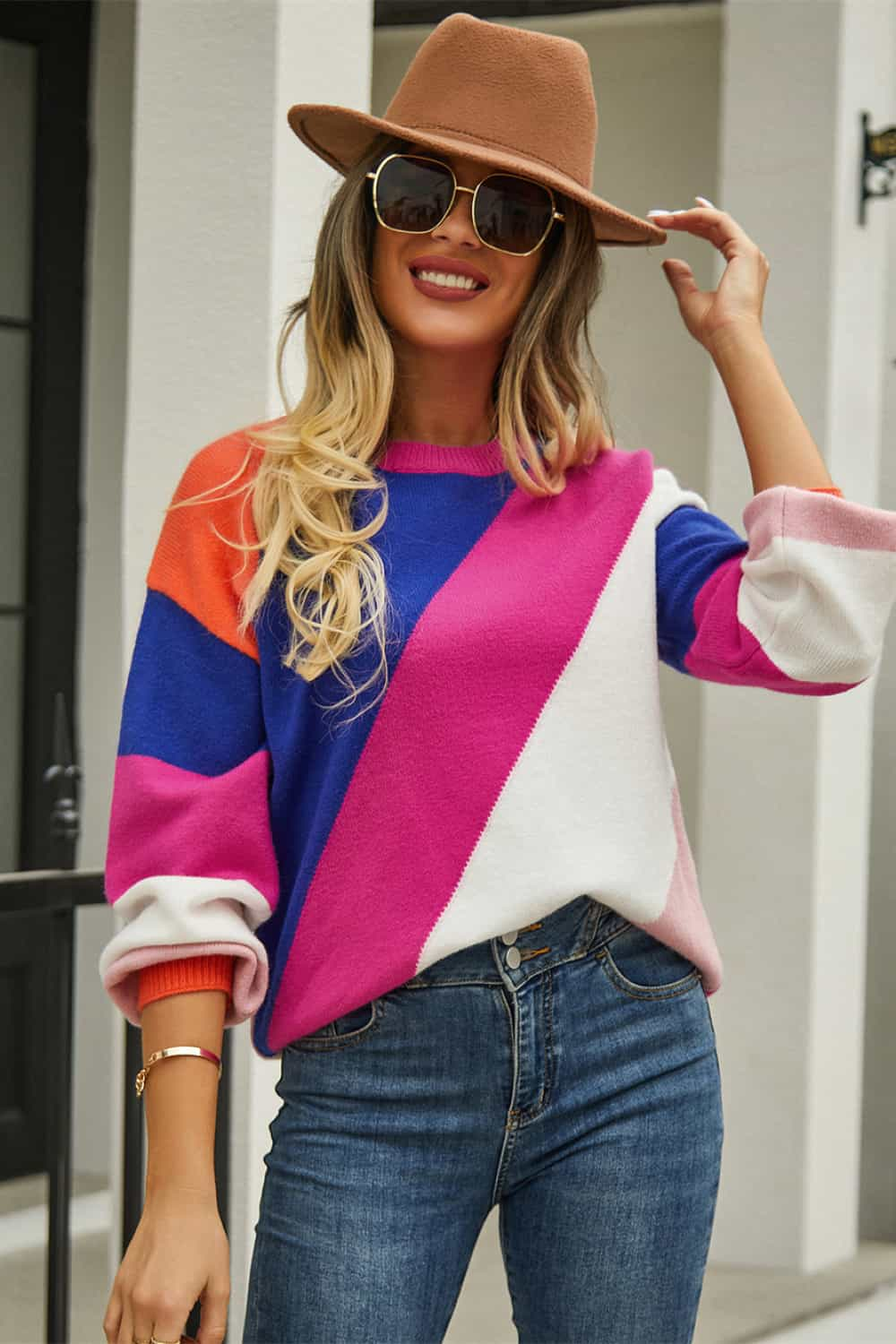 Angel Wings Color Block Round Neck Long Sleeve Sweater