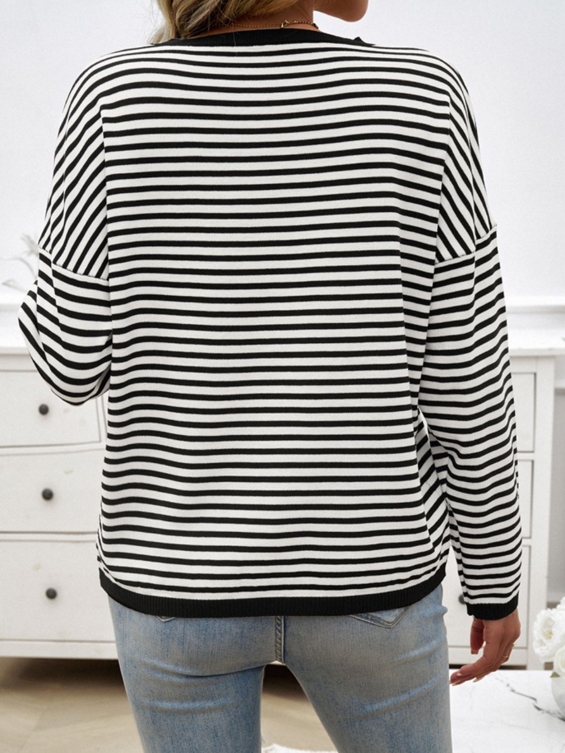 Devine Striped Round Neck Dropped Shoulder Sweater