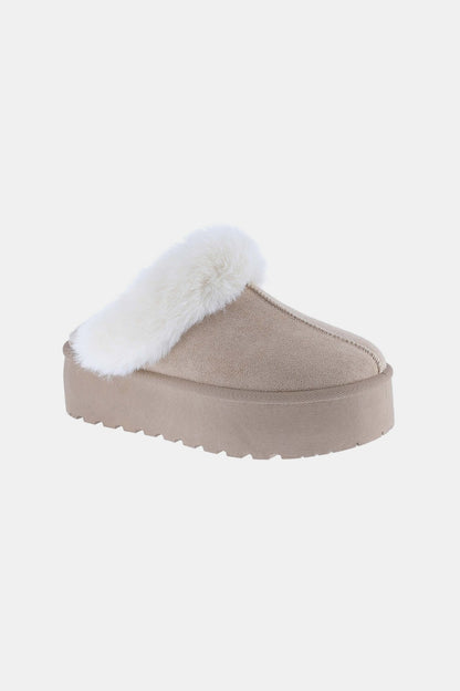 Fur Trim Platform Slippers - Tan