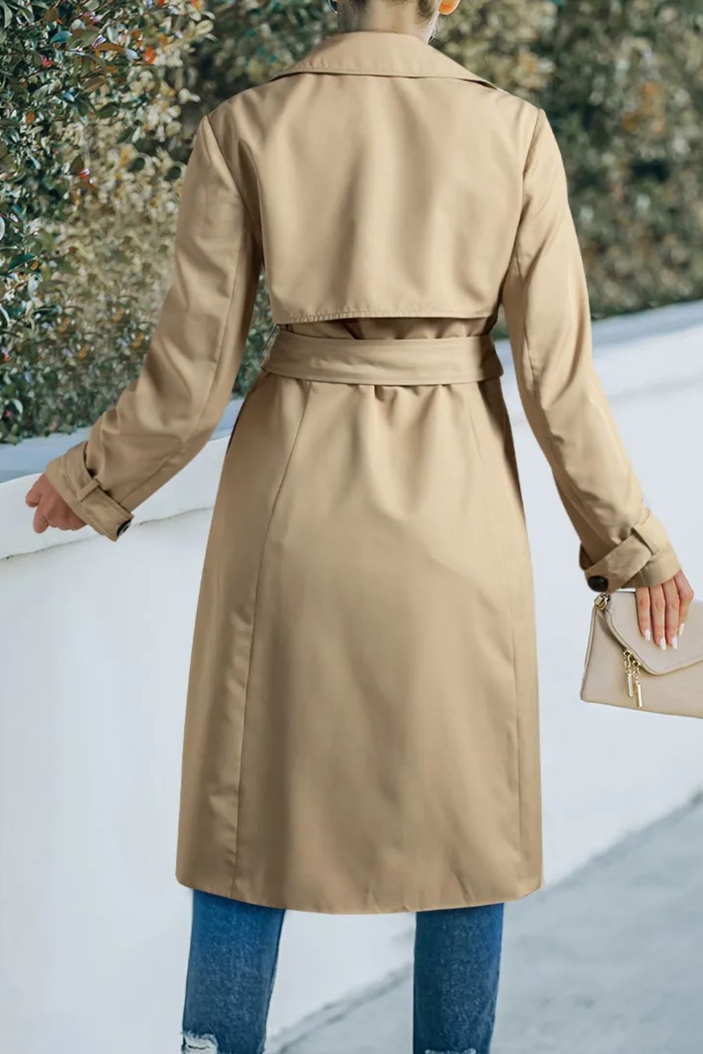 Double Breasted Knee Length Trench Coat with Tie Waist