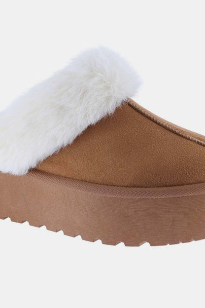 Fur Trim Platform Slippers - Brown