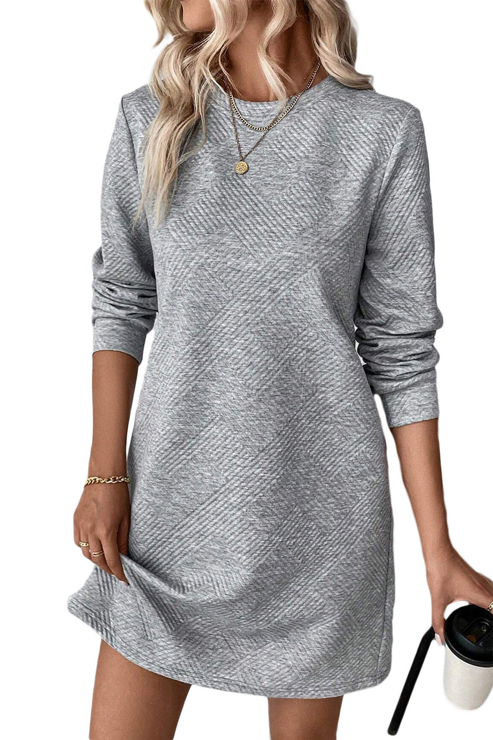 Black Plain Textured Long Sleeve Shift Short Dress