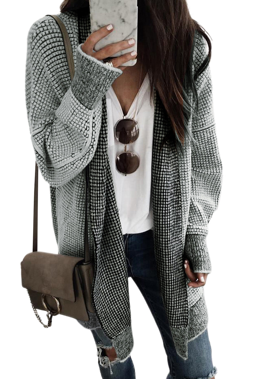 Rose Plaid Contrast Trim Casual Knit Long Cardigan