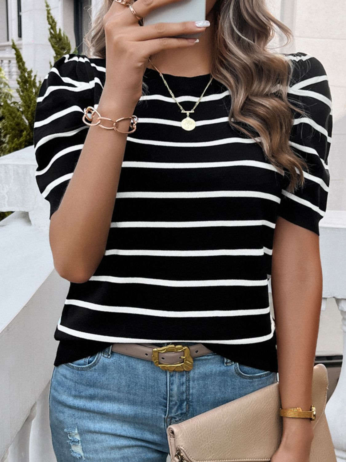 Devine Striped Round Neck Puff Sleeve Knit Top