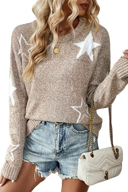 Khaki Star Pattern Drop Shoulder Knit Sweater