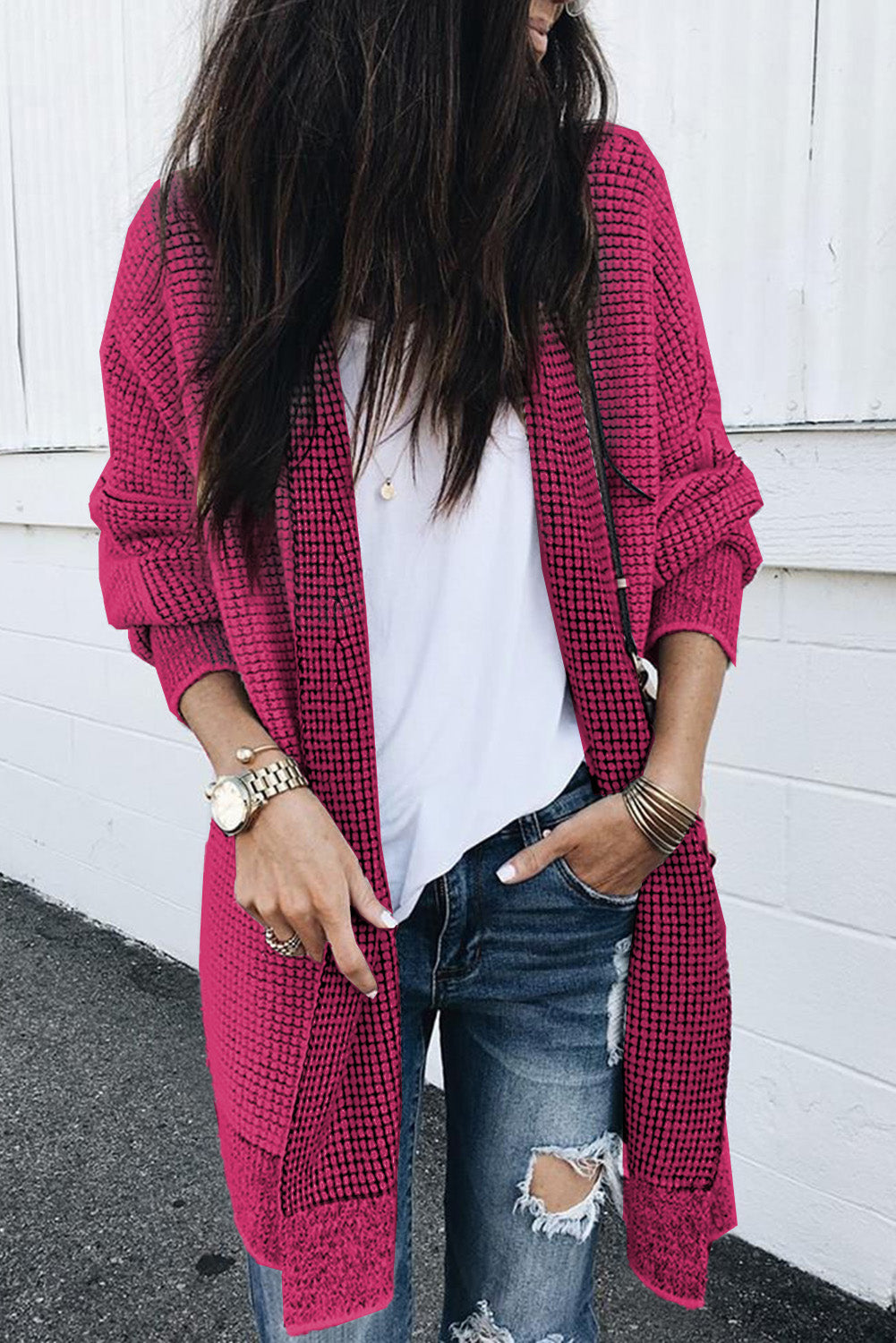 Rose Plaid Contrast Trim Casual Knit Long Cardigan