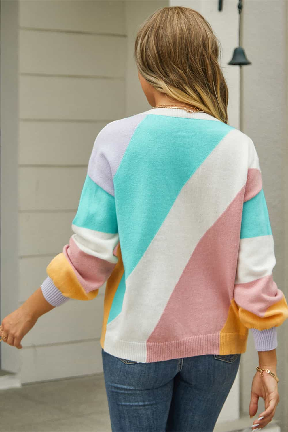 Angel Wings Color Block Round Neck Long Sleeve Sweater