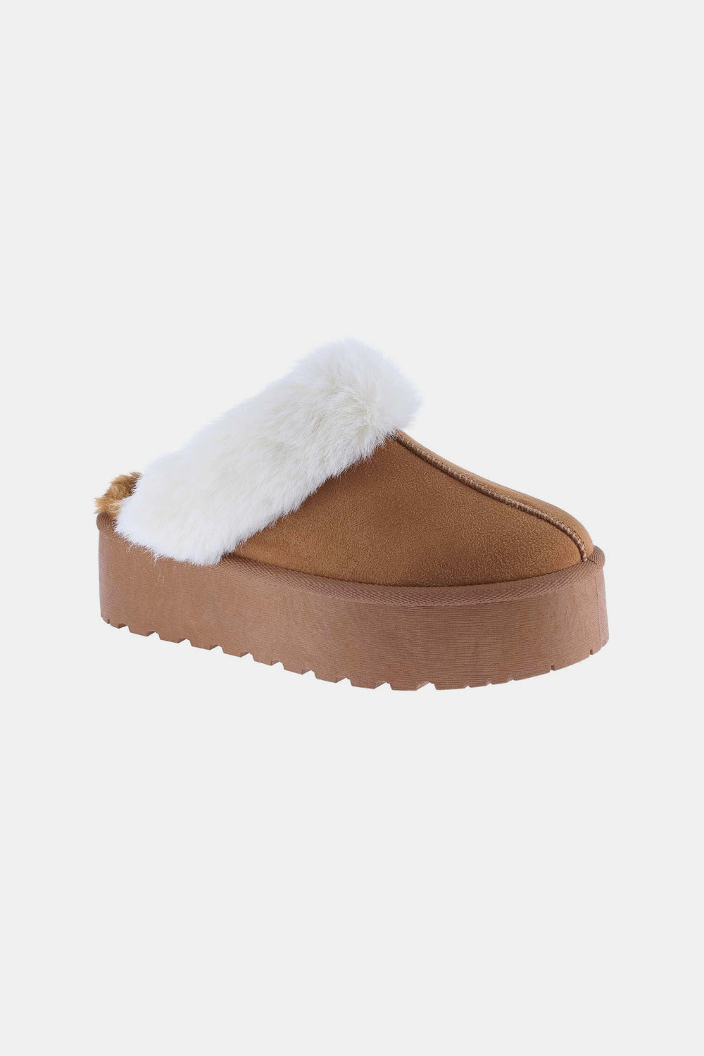 Fur Trim Platform Slippers - Brown