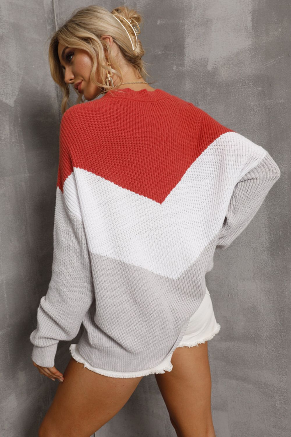 Angel Wings Color Block Round Neck Rib-Knit Sweater