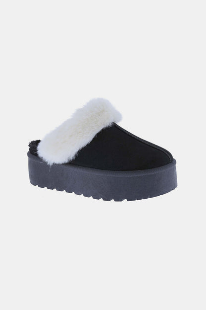 Fur Trim Platform Slippers - Black