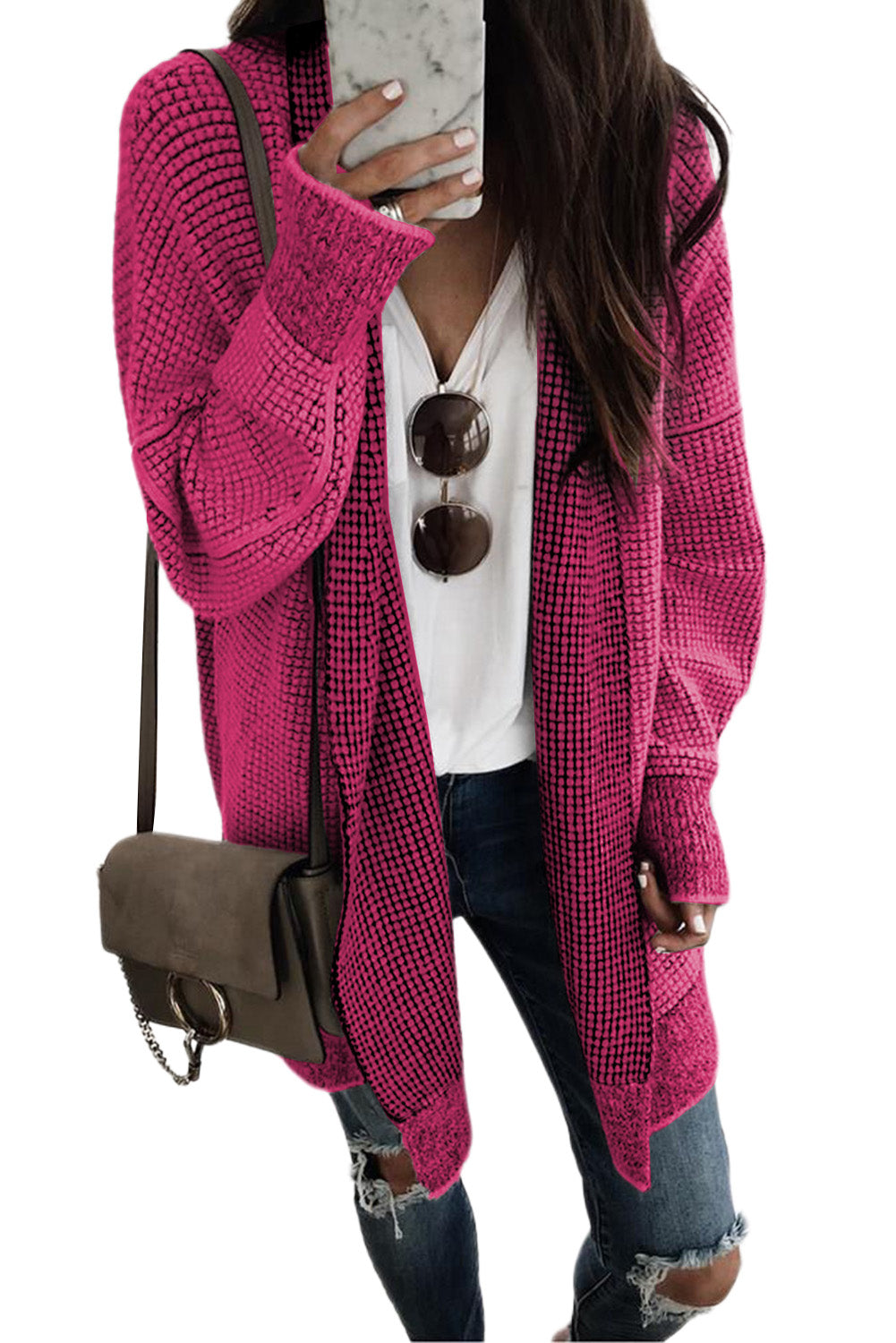 Rose Plaid Contrast Trim Casual Knit Long Cardigan