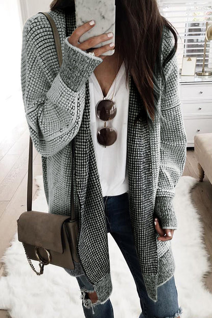 Rose Plaid Contrast Trim Casual Knit Long Cardigan