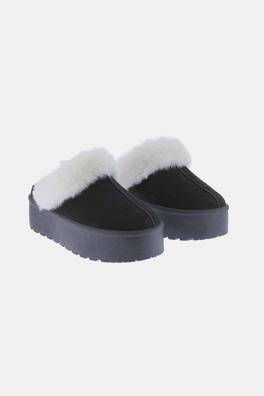 Fur Trim Platform Slippers - Black