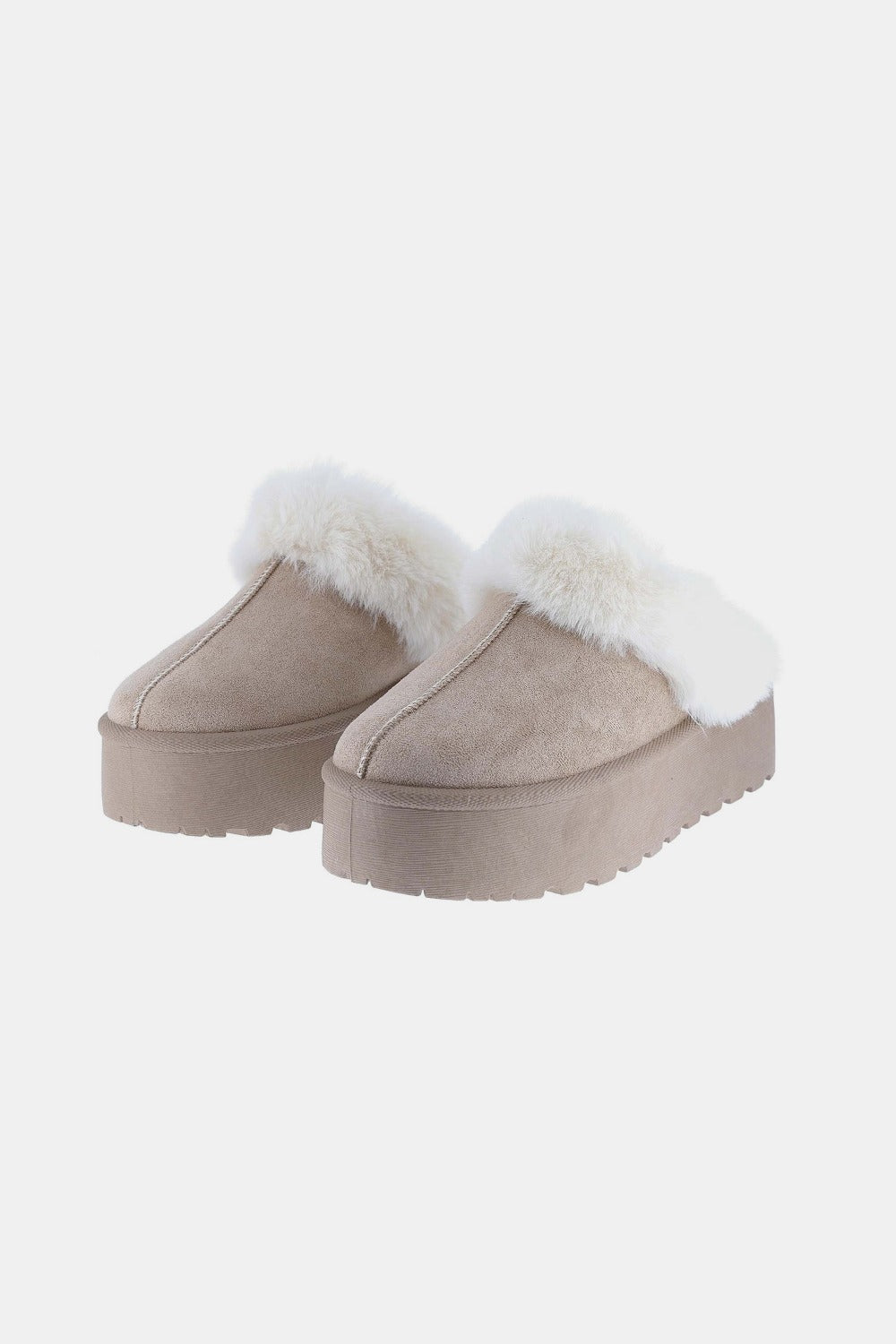 Fur Trim Platform Slippers - Tan